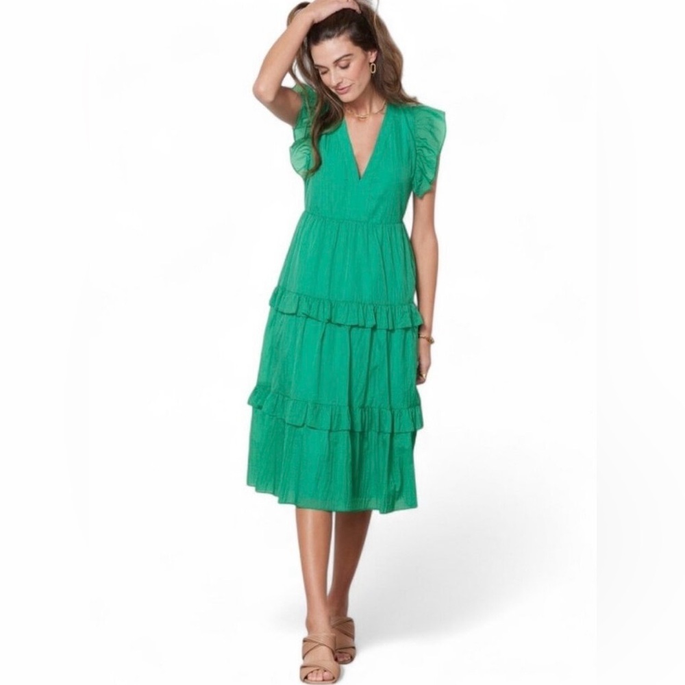 NWT Amanda Uprichard Chamomile Emerald Green, Tiered, V-Neck, Midi Dress, Sz. XS